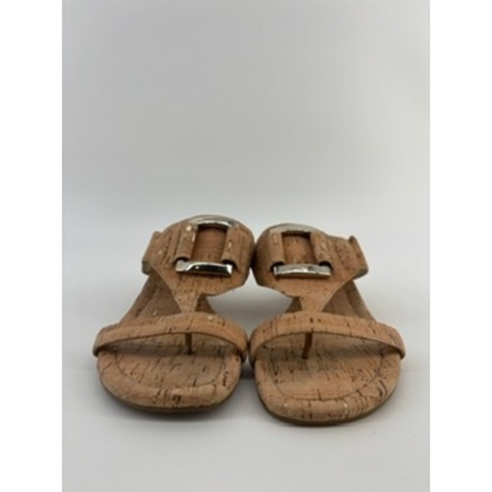 Donald J Pliner Cork Wedge Sandals Womens 7.5 Silver Buckle Thong Slide Tan